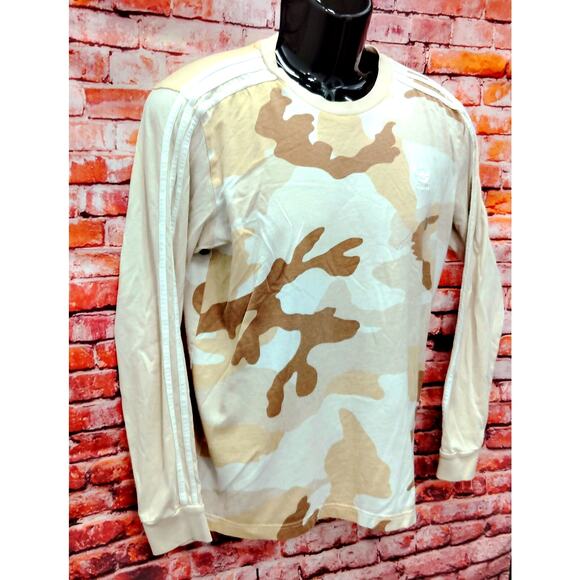 adidas Shirt Mens Medium Beige Camouflage 3 Stripes Long Sleeve Crew Neck Tee - Picture 7 of 8